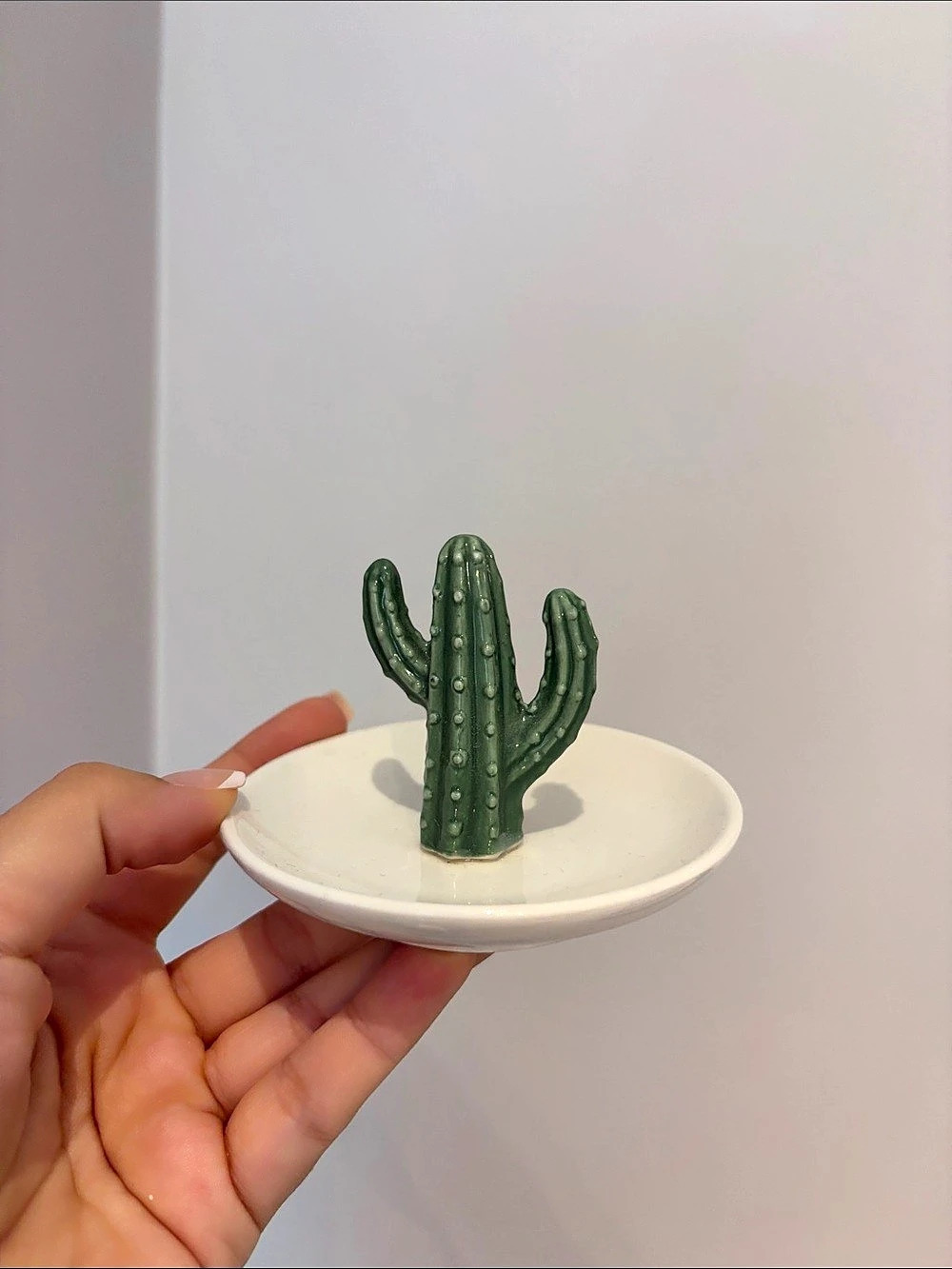 Cactus Ceramic Trinket Dish in Green & White Like New